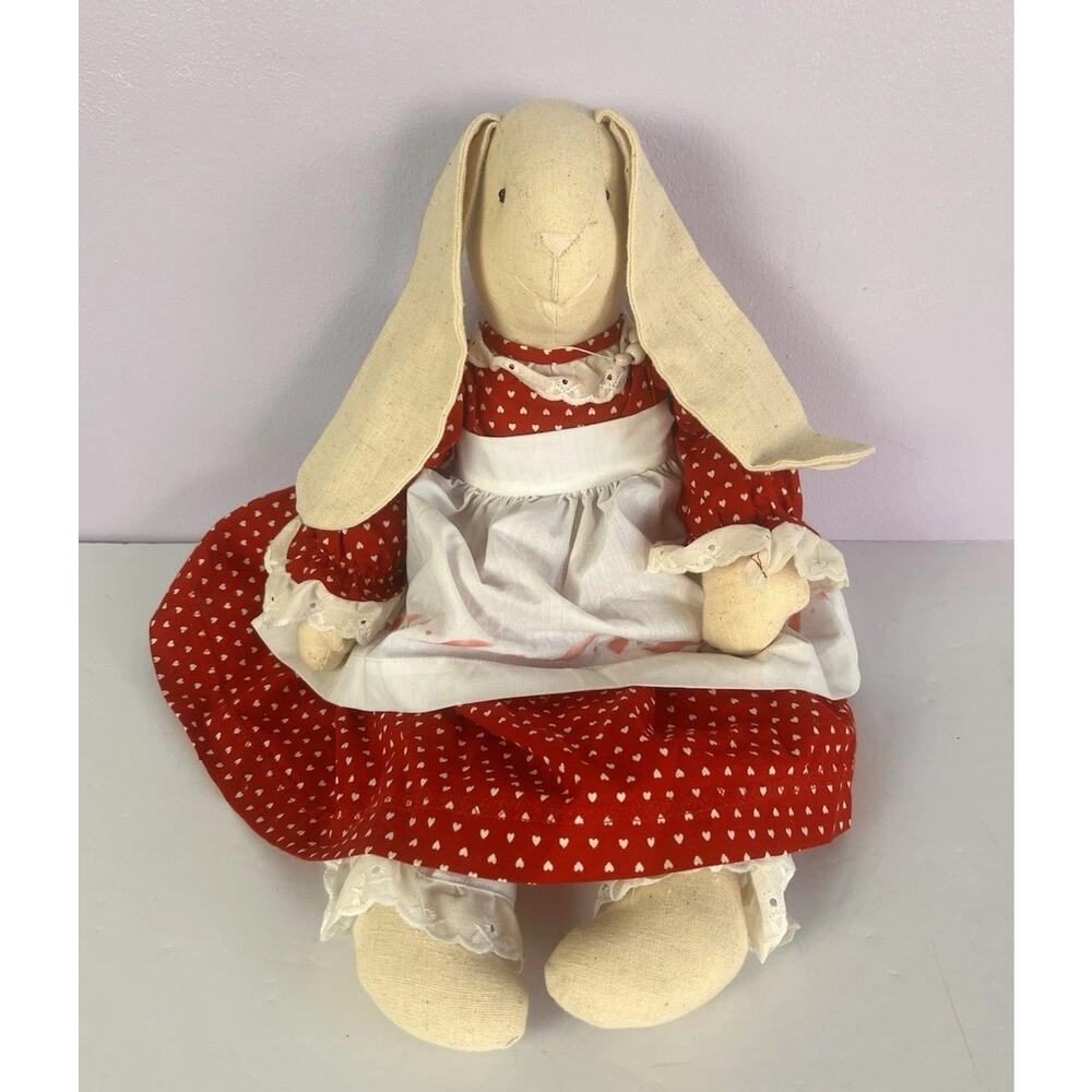 Handmade Valentine Bunny Rabbit Doll Red Hearts Folk Art Spring Easter VTG